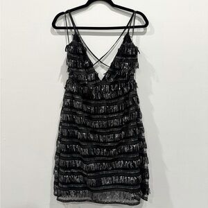 Southern Fried Chics Black Sequin Fringe Dress Adjustable Straps Size M NWT